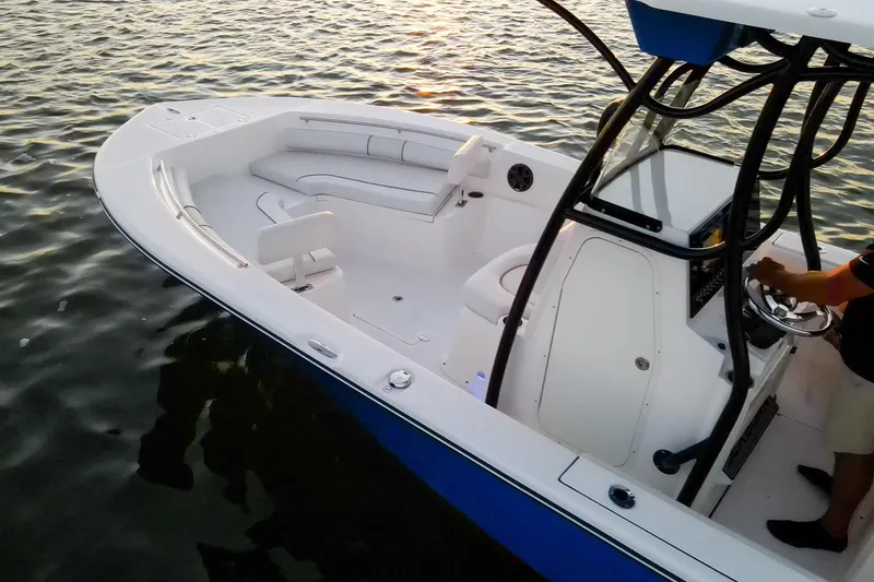 Slide: The Image of 2021 Sea Born LX24 Center Console boat on calm water at sunset. - 29