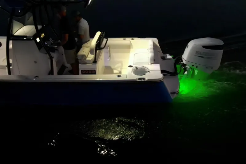Slide: The Image of 2021 Sea Born LX24 Center Console boat with illuminated green underwater lights. - 32