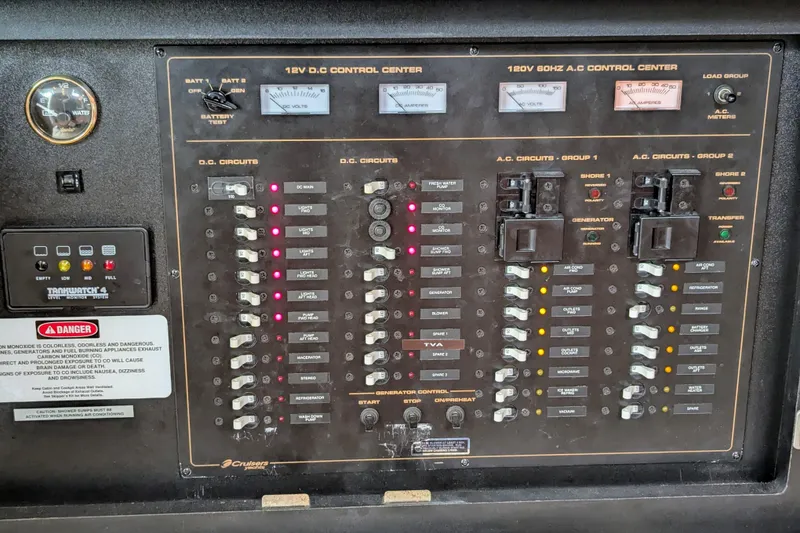 Slide: The Image of Electrical control panel of 2000 Cruisers Yachts 3870 Express, featuring DC and AC circuit controls. - 33