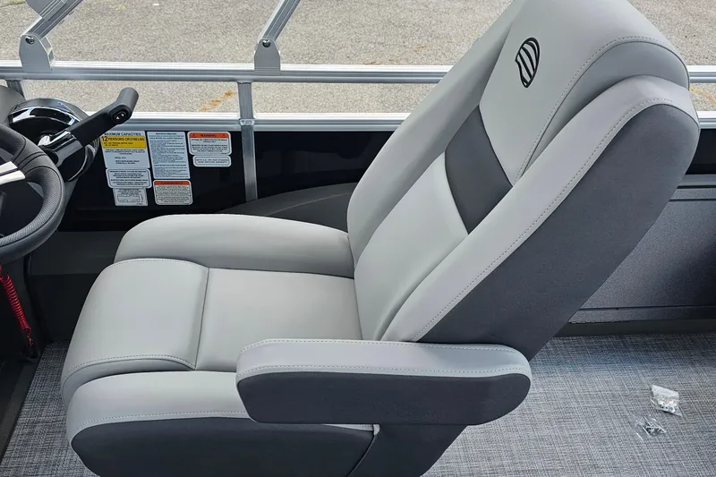 Slide: The Image of 2026 Sun Tracker Sportfish 24 XP3 boat seat, gray upholstery, sleek design. - 11