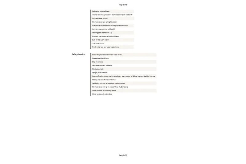 Slide: The Image of 2025 Ranger 2360 Bay boat features and safety specifications list. - 27