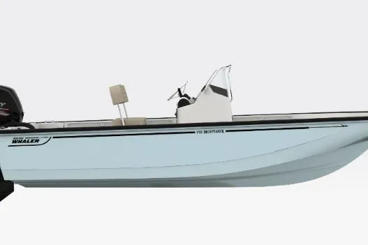 Slide: The Image of 2026 Boston Whaler 170 Montauk boat, side view, showcasing sleek design and modern features. - 8