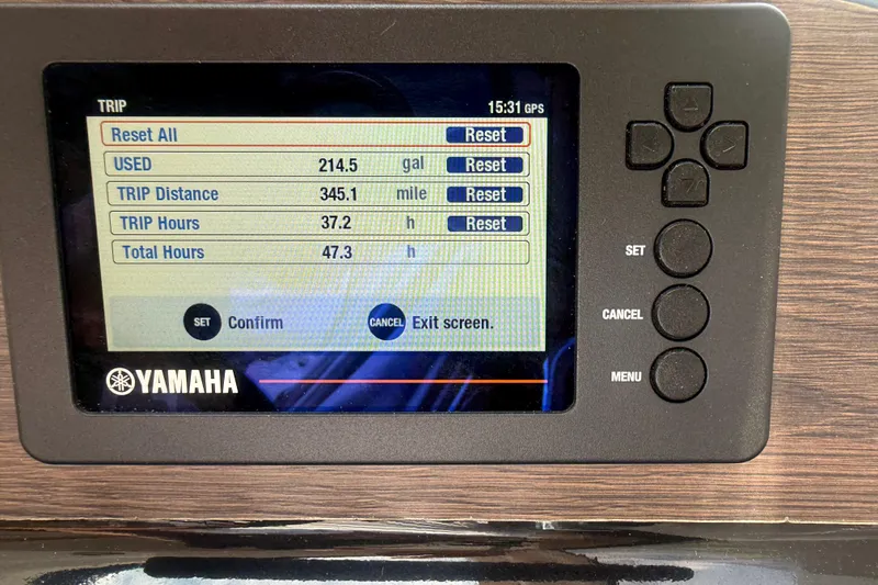 Slide: The Image of Yamaha trip computer display on 2020 Cutwater C-24, showing fuel usage and trip details. - 30