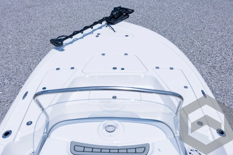 Slide: The Image of 2026 Tidewater 2110 Bay Max boat deck with trolling motor, viewed from above. - 42
