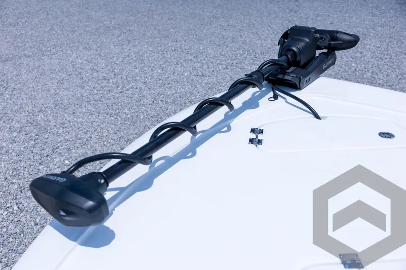 Slide: The Image of Tidewater 2110 Bay Max 2026 boat with Garmin trolling motor on deck. - 43