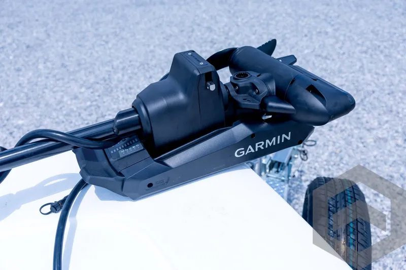 Slide: The Image of Garmin trolling motor on 2026 Tidewater 2110 Bay Max boat, close-up view. - 44