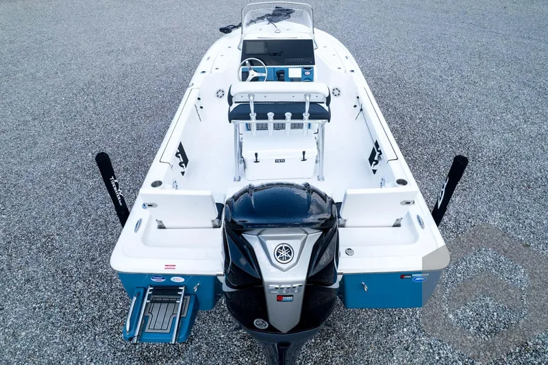 Slide: The Image of 2026 Tidewater 2110 Bay Max boat with Yamaha engine, aerial view. - 96