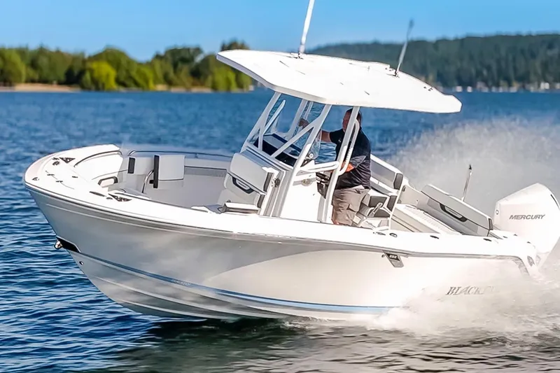 Slide: The Image of 2024 Blackfin 222 CC boat cruising on a lake with scenic background. - 2