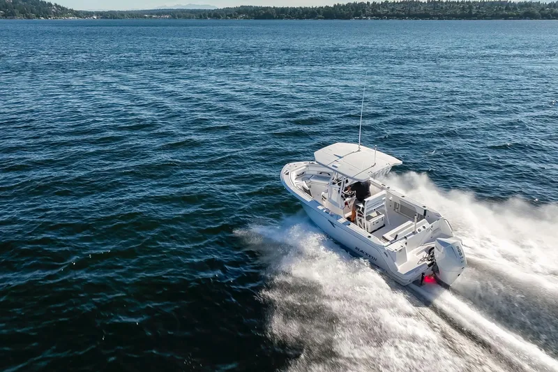 Slide: The Image of 2024 Blackfin 222 CC boat cruising on open water, creating a dynamic wake. - 7