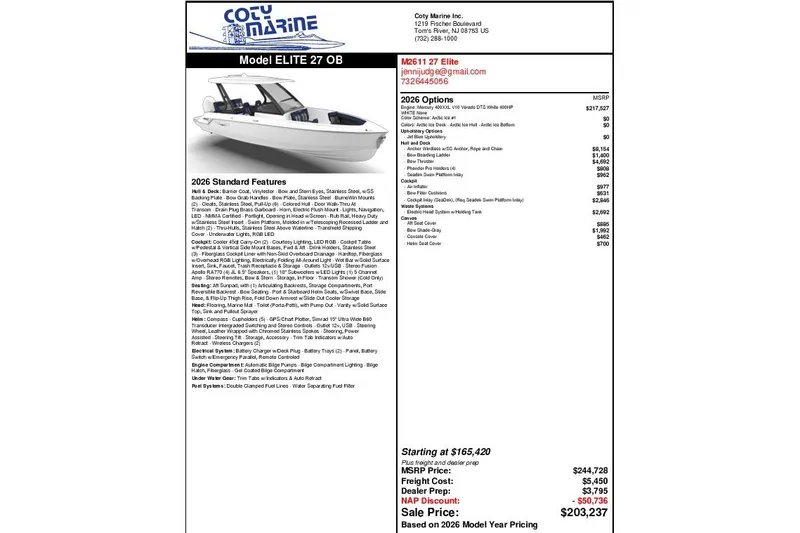 Slide: The Image of 2026 Monterey 27 Elite boat brochure with features, options, and pricing details. - 17