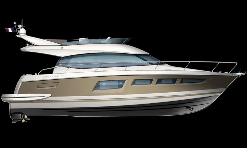 Slide: The Image of 2016 Prestige 500 yacht with sleek design and modern features, side view on black background. - 49