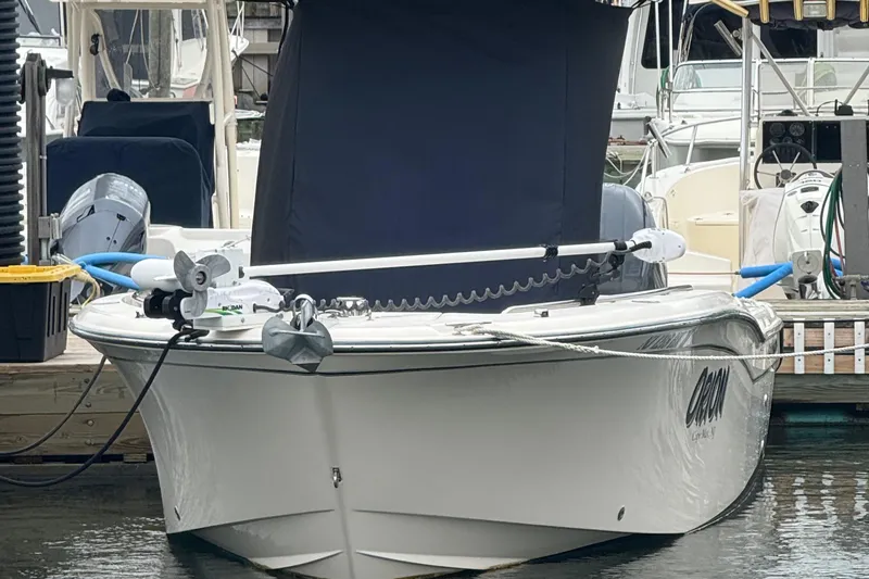 Slide: The Image of 2020 Grady-White Fisherman 257 boat docked at marina, front view. - 13