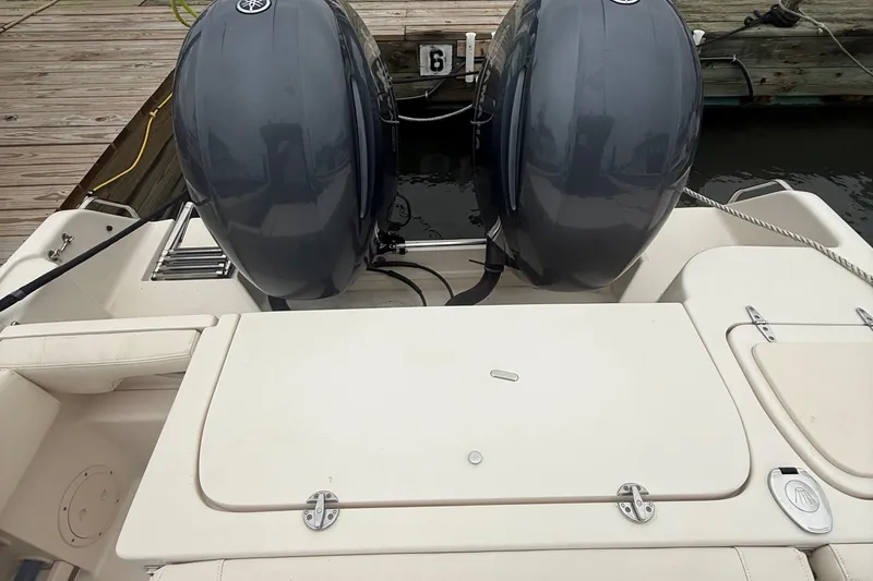 Slide: The Image of 2020 Grady-White Fisherman 257 boat with dual Yamaha outboard motors at dock. - 35