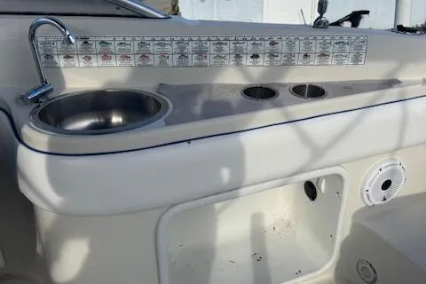 Slide: The Image of 2009 Sea Ray 230 Sundeck boat interior with sink and fish identification chart. - 29