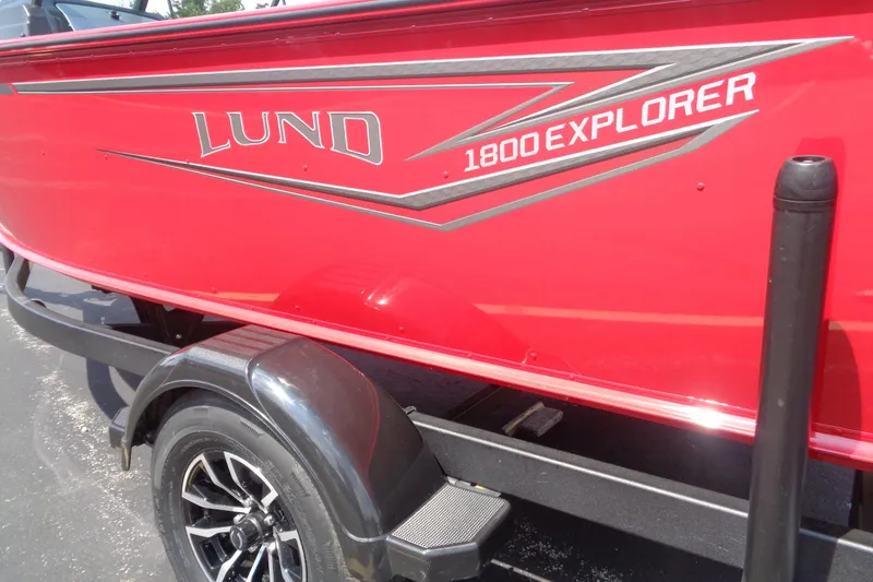 Slide: The Image of Red 2026 Lund 1800 Explorer Sport boat on trailer, showcasing sleek design and branding. - 3