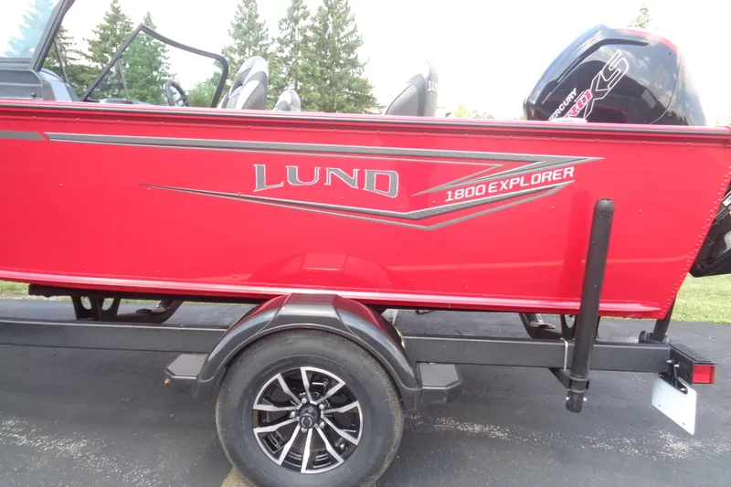 Slide: The Image of 2026 Lund 1800 Explorer Sport boat in vibrant red on a trailer. - 4