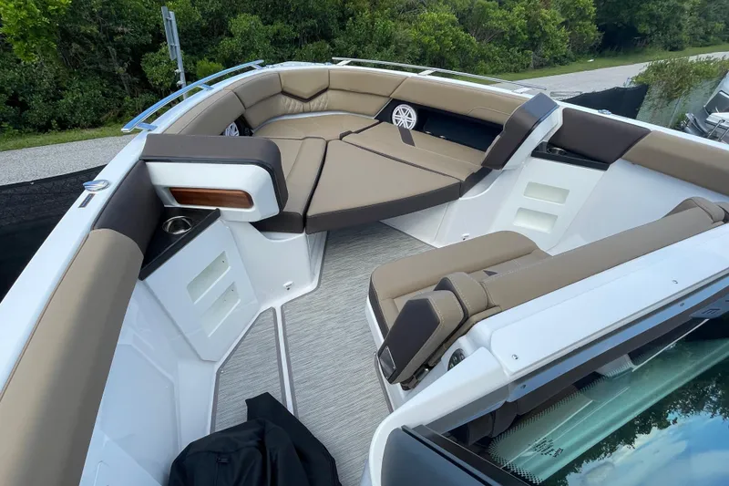 Slide: The Image of Luxurious interior of 2026 Monterey 30 ELITE boat with plush seating and modern design. - 9