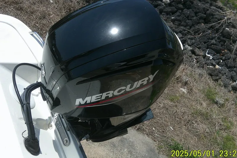 Slide: The Image of 2024 Mako Pro Skiff 17 CC with Mercury outboard motor, parked on grassy terrain. - 7