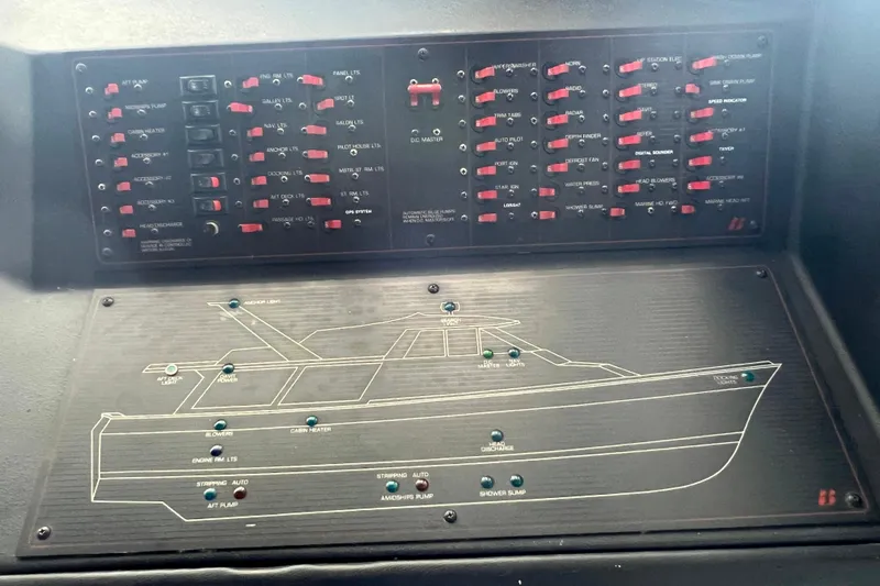 Slide: The Image of Control panel of a 1986 Bayliner 4550 Motoryacht with labeled switches and diagram. - 45