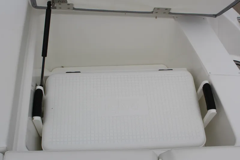 Slide: The Image of 2024 Cobalt 220S boat storage compartment with cooler and hydraulic lift. - 9
