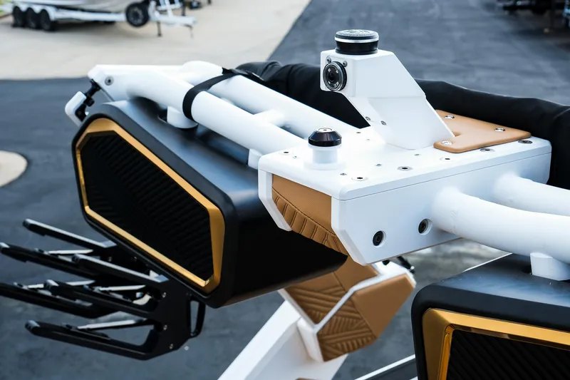 Slide: The Image of 2026 MasterCraft XStar 25 boat tower with speakers and camera, featuring sleek design elements. - 16