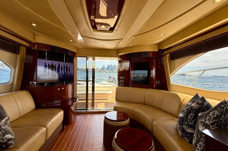 Slide: The Image of Luxurious interior of 2007 Sea Ray 52 Sedan Bridge yacht with city skyline view. - 68