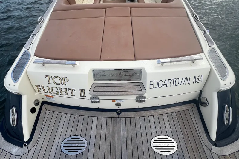 Slide: The Image of 2017 Chris-Craft Launch 28 boat stern with "Top Flight II" and "Edgartown, MA" text. - 21