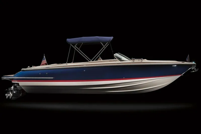 Slide: The Image of Manufacturer Provided Image: 2017 Chris-Craft Launch 28 boat with blue hull and bimini top. - 22