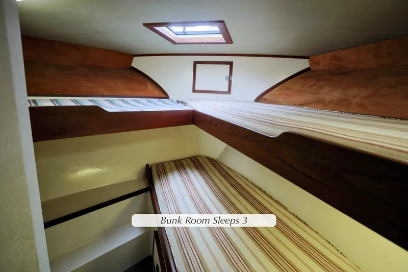 Slide: The Image of Bunk room in 1980 Pacifica 41 Sportfisher, featuring three beds and wooden accents. - 15