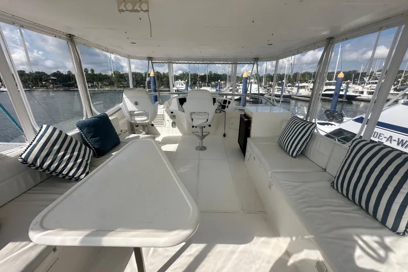 Slide: The Image of Interior of 2001 Prima 52 Seahorse yacht with seating and striped cushions. - 81