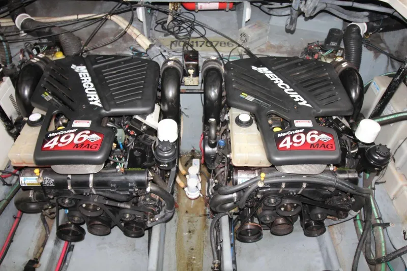 Slide: The Image of Twin MerCruiser 496 MAG engines in a 2005 Sea Ray 340 Sundancer boat. - 19