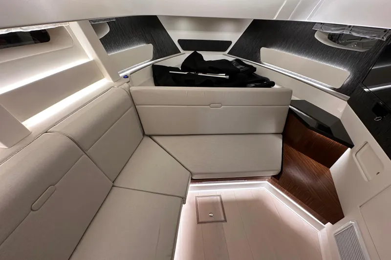 Slide: The Image of 2023 Sea Ray Sundancer 370 Outboard interior with modern seating and sleek design. - 39