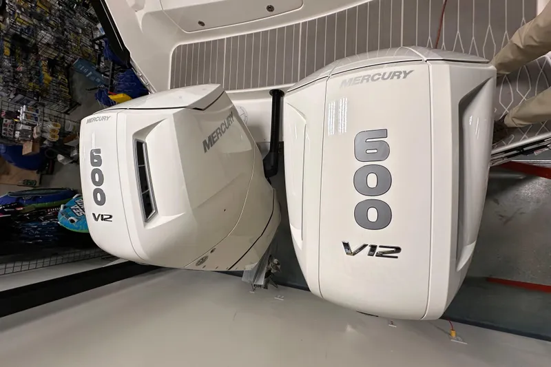 Slide: The Image of 2023 Sea Ray Sundancer 370 Outboard with dual Mercury 600 V12 engines. - 6