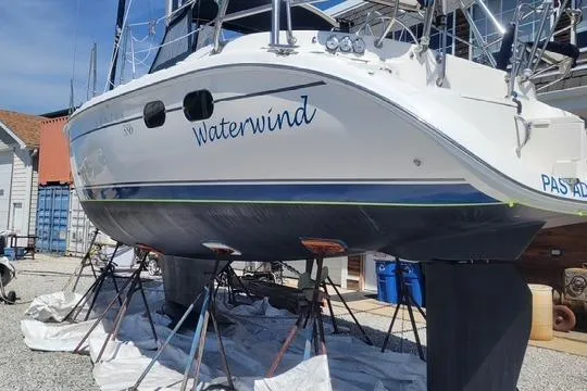 Slide: The Image of 2003 Hunter 386 sailboat "Waterwind" on stands in a boatyard. - 68