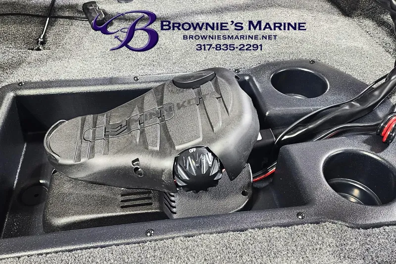 Slide: The Image of 2026 Tracker Pro Team 190 boat foot pedal and control panel, Brownie's Marine branding. - 5
