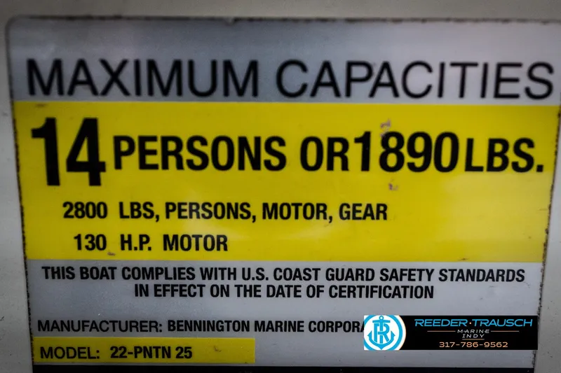 Slide: The Image of 2006 Bennington 2250RL capacity label: 14 persons or 1890 lbs, 130 HP motor. - 58