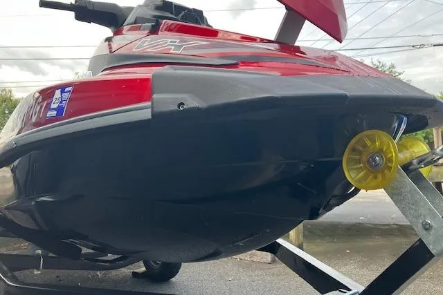 Slide: The Image of 2019 Yamaha WaveRunner VX Limited on trailer, rear view, red and black design. - 5
