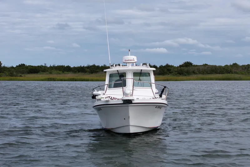 Slide: The Image of 2022 Steiger Craft 255DV Miami boat on calm water with grassy shoreline. - 2
