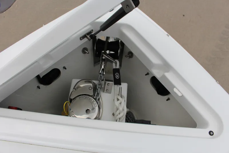 Slide: The Image of Anchor compartment of 2025 Cobalt R6 boat with chain and winch system. - 17
