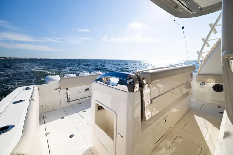 Slide: The Image of 2021 Boston Whaler 420 Outrage boat interior with ocean view, sunny day. - 53