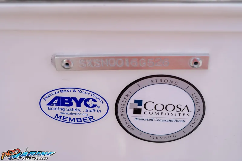Slide: The Image of 2026 Sea Hunt Gamefish 27 Coffin Box with ABYC and Coosa Composites labels. - 10