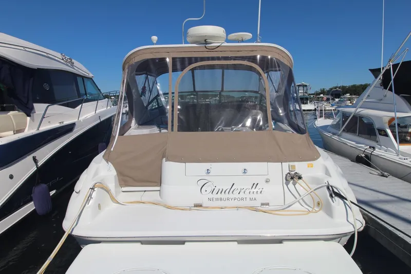 Slide: The Image of 2004 Larson 370 Cabrio boat docked, rear view with canopy, named "Cinderella" in Newburyport, MA. - 2