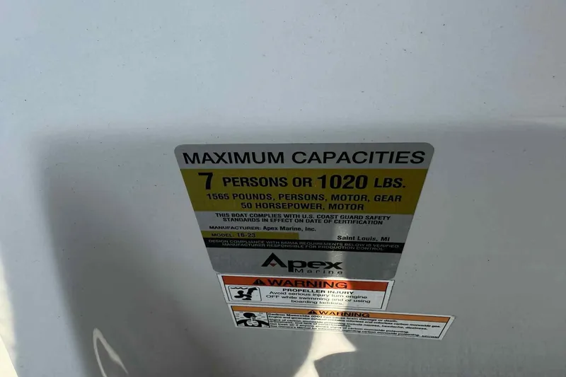 Slide: The Image of 2019 Qwest 816 Luxury Series capacity label, 7 persons or 1020 lbs, safety warnings. - 18