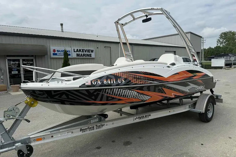 Slide: The Image of 2024 Galar Boats Typhoon with Seadoo GTI SE 155 on trailer at Lakeview Marine. - 0