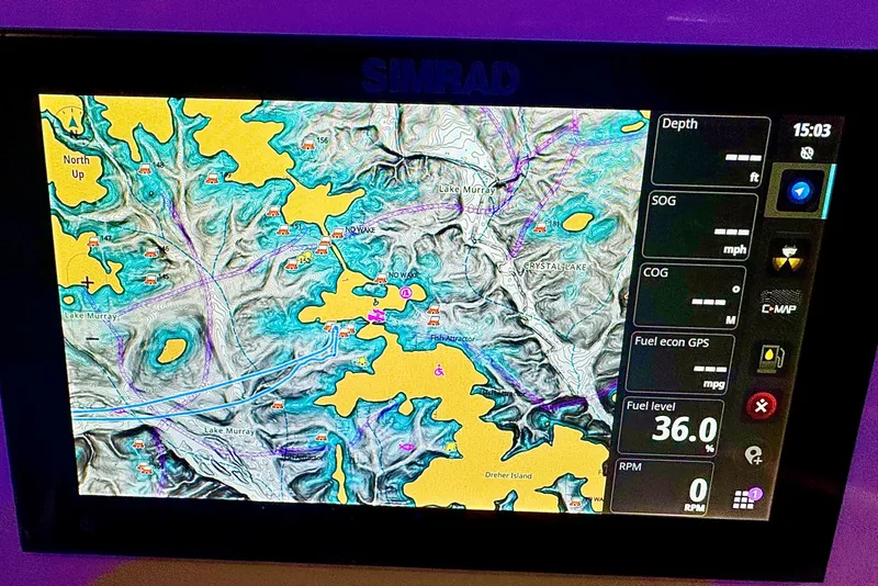 Slide: The Image of Simrad navigation display on 2026 Sea Pro 222 Center Console, showing Lake Murray map. - 9