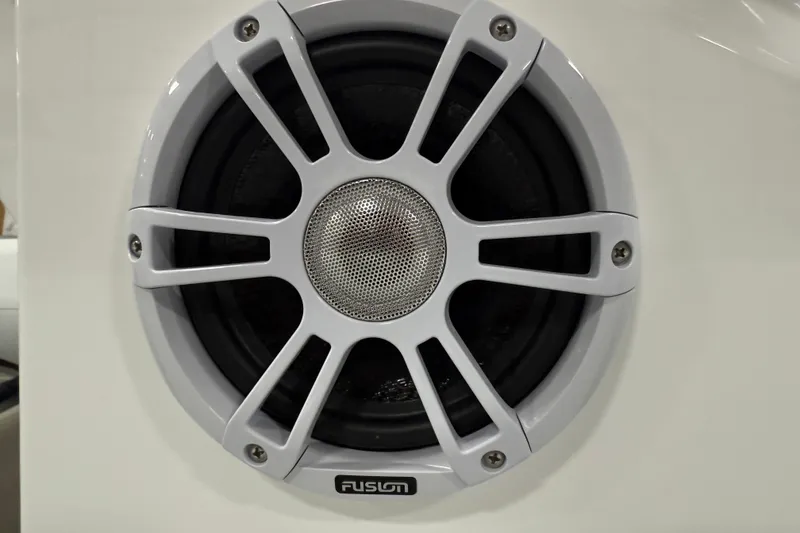 Slide: The Image of Close-up of Fusion speaker on 2025 Highfield Sport 560 boat. - 29