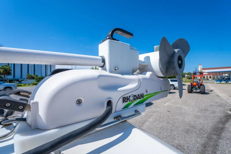 Slide: The Image of Close-up of a Rhodan trolling motor on a 2016 Cobia 201 Center Console boat. - 22