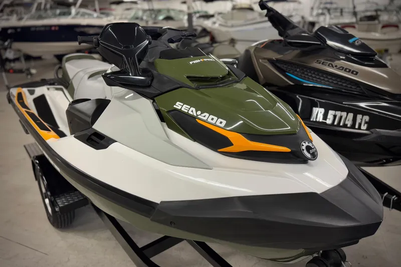 The Image of 2019 Sea-Doo Fish Pro 155 jet ski in showroom, featuring sleek design and vibrant colors. - 0