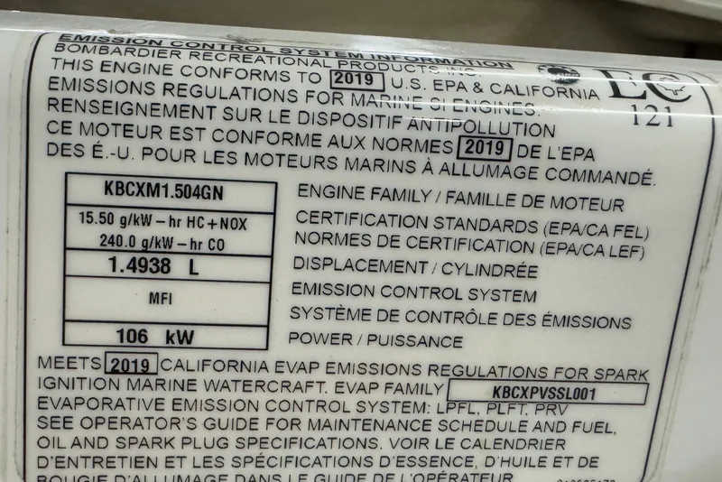 Slide: The Image of 2019 Sea-Doo Fish Pro 155 emission control label detailing engine specifications and compliance. - 13