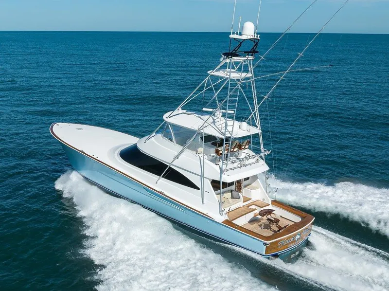 Slide: The Image of 2020 Viking 72 Convertible yacht cruising on open sea. - 7